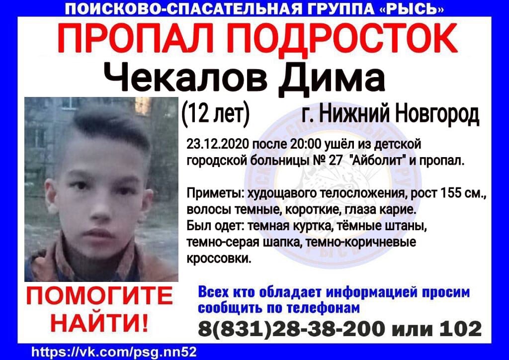 В Нижнем Новгороде без вести пропал 12-летний Дима Чекалов