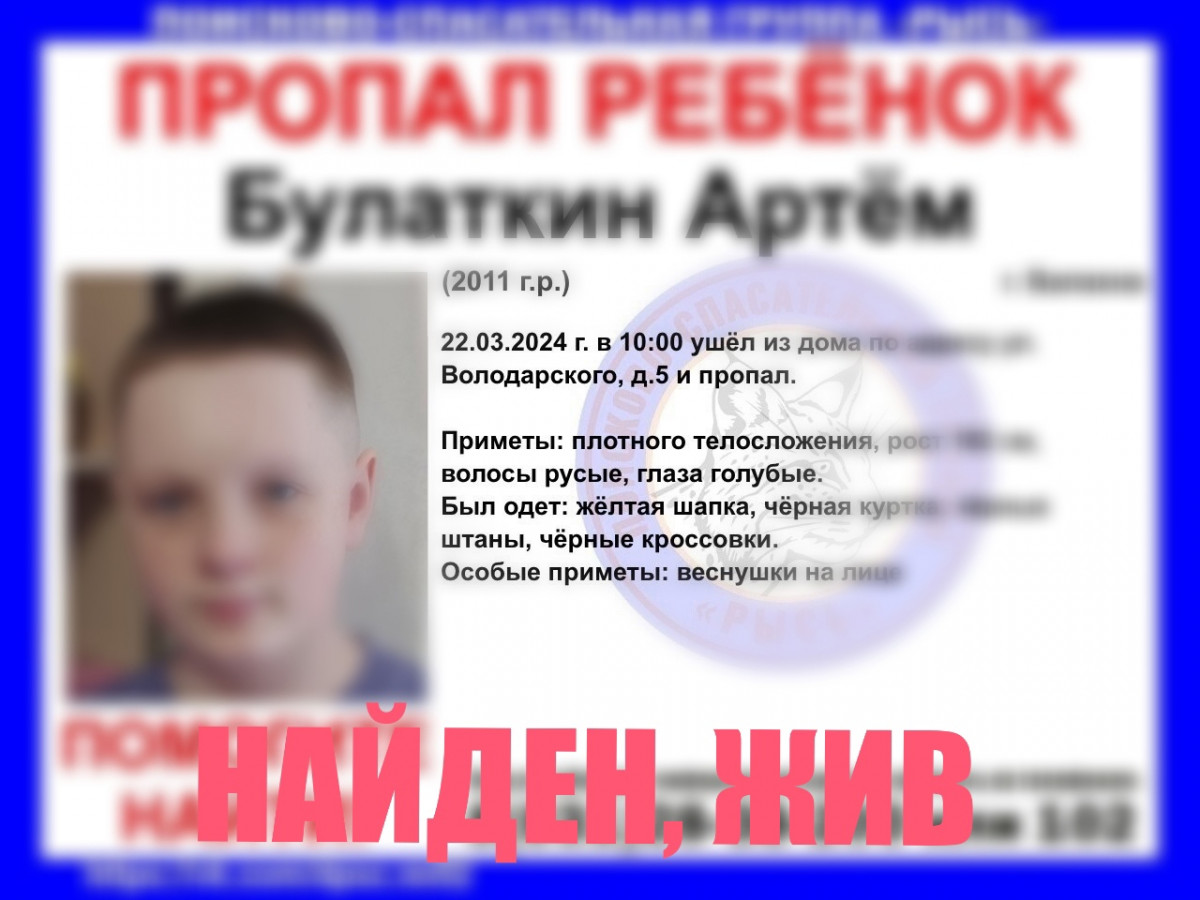 12-летний мальчик, пропавший в Нижегородской области, найден