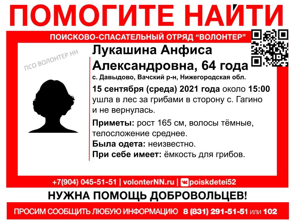 64-летняя Анфиса Лукашина пропала в лесу в Вачском районе