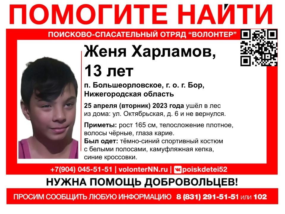 13-летний Женя Харламов пропал в Нижегородской области